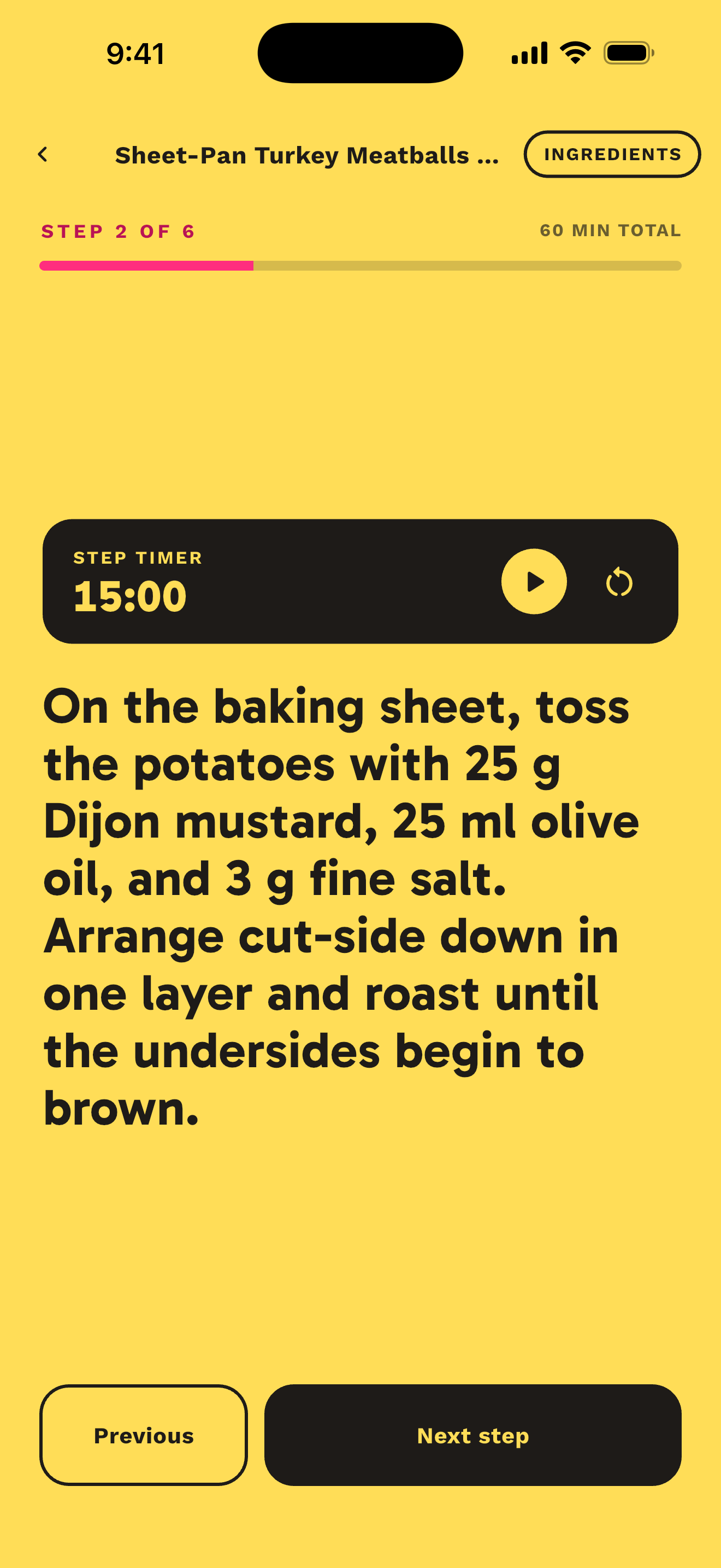 ChowWeek guided cooking screen with a step timer and clear instructions.