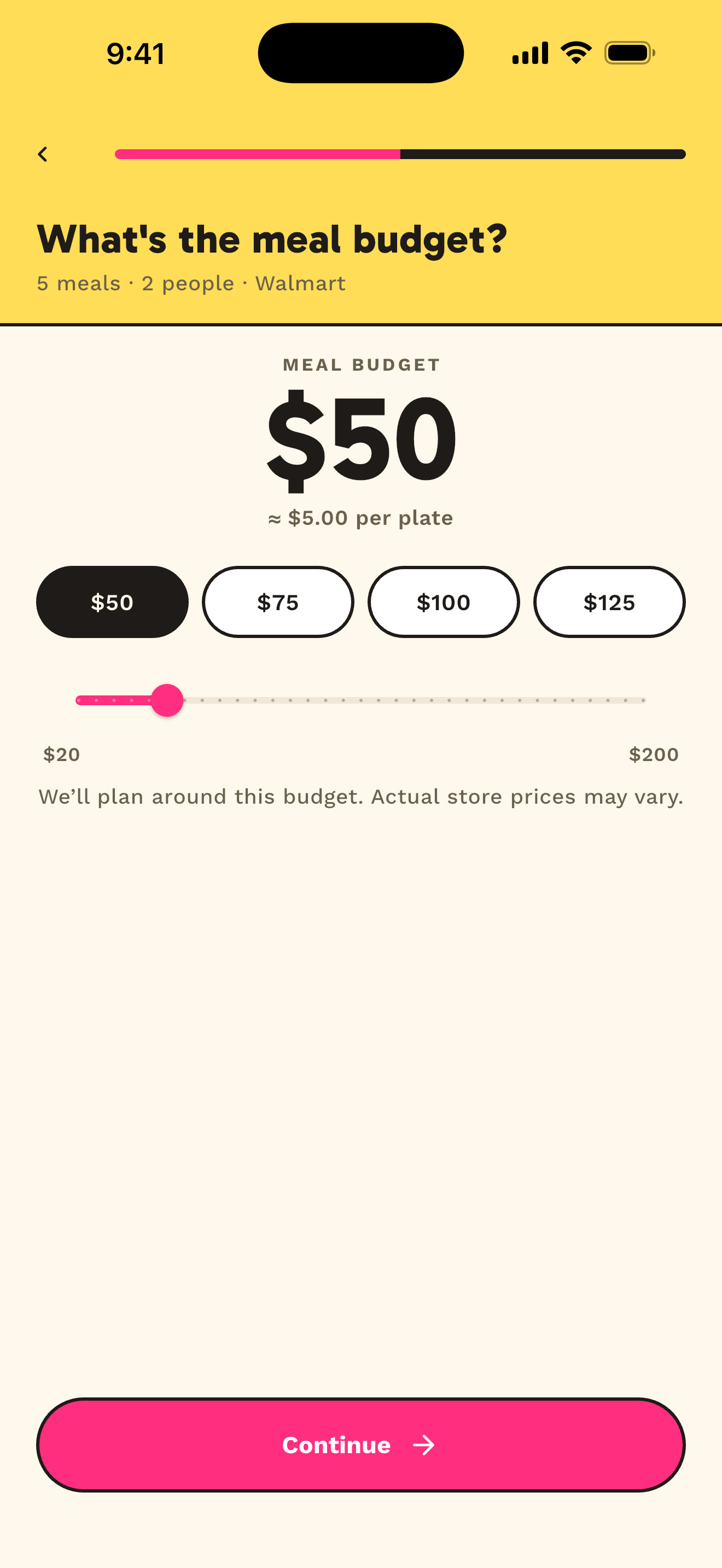 ChowWeek onboarding screen for setting a five-meal budget.