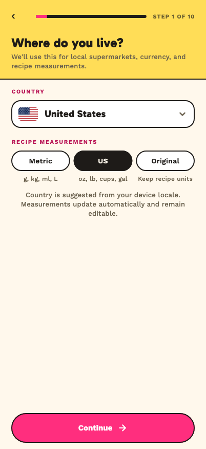 ChowWeek onboarding screen for country and recipe measurements.