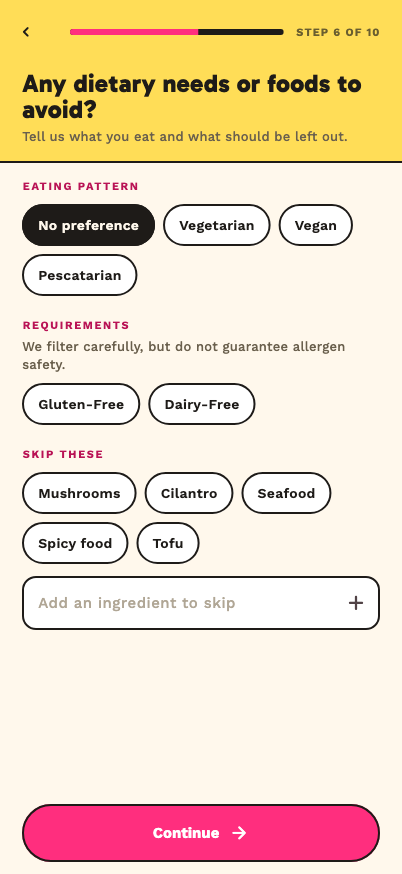 ChowWeek onboarding screen for food rules and dietary requirements.