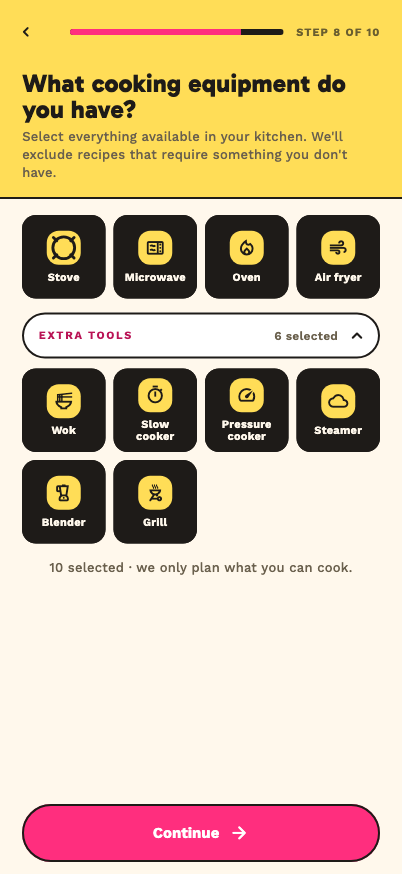 ChowWeek onboarding screen for selecting cooking equipment.