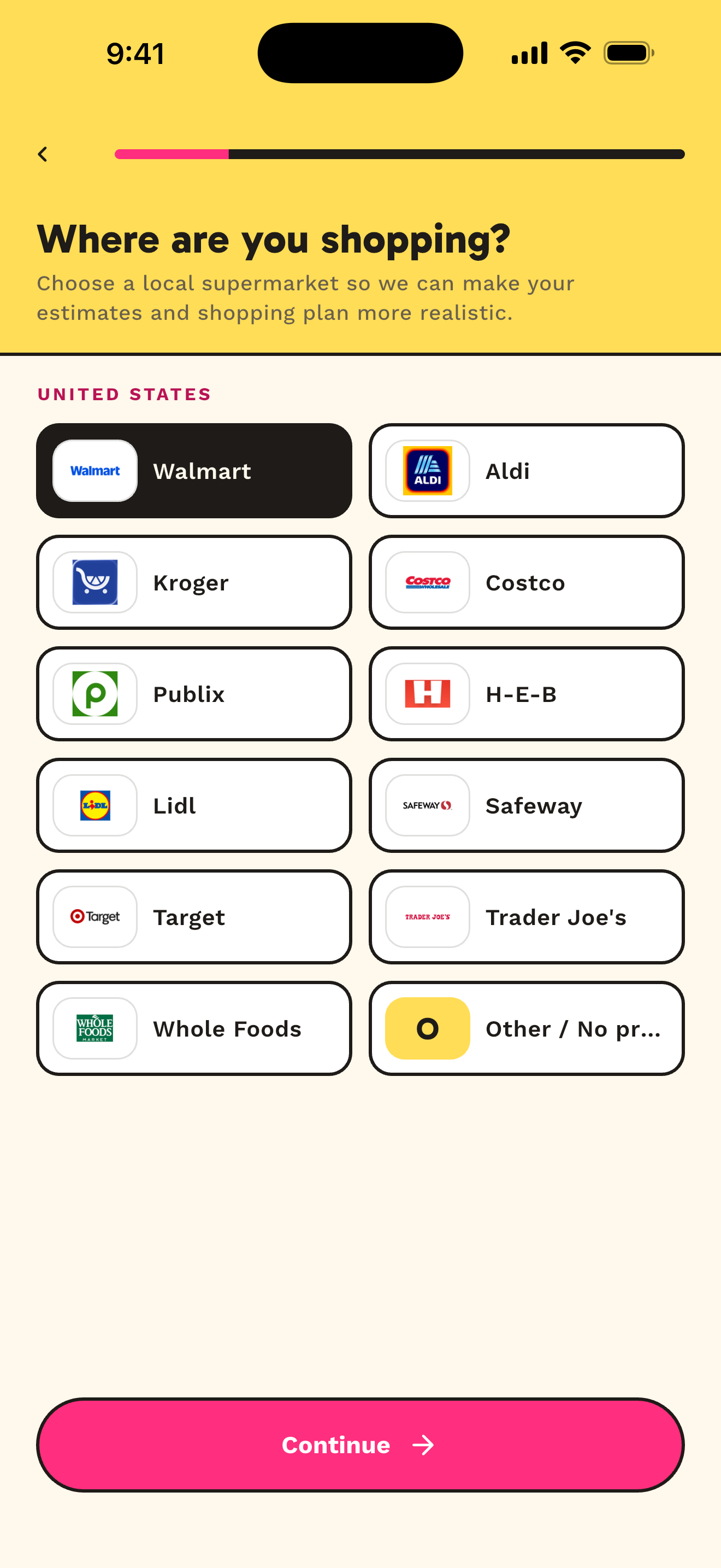 ChowWeek onboarding screen for choosing a local supermarket.