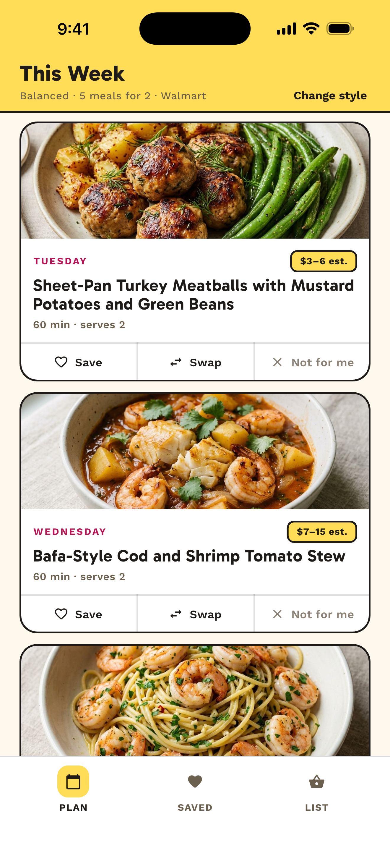 The current ChowWeek Plan tab showing a five-meal week and estimated budget guidance.