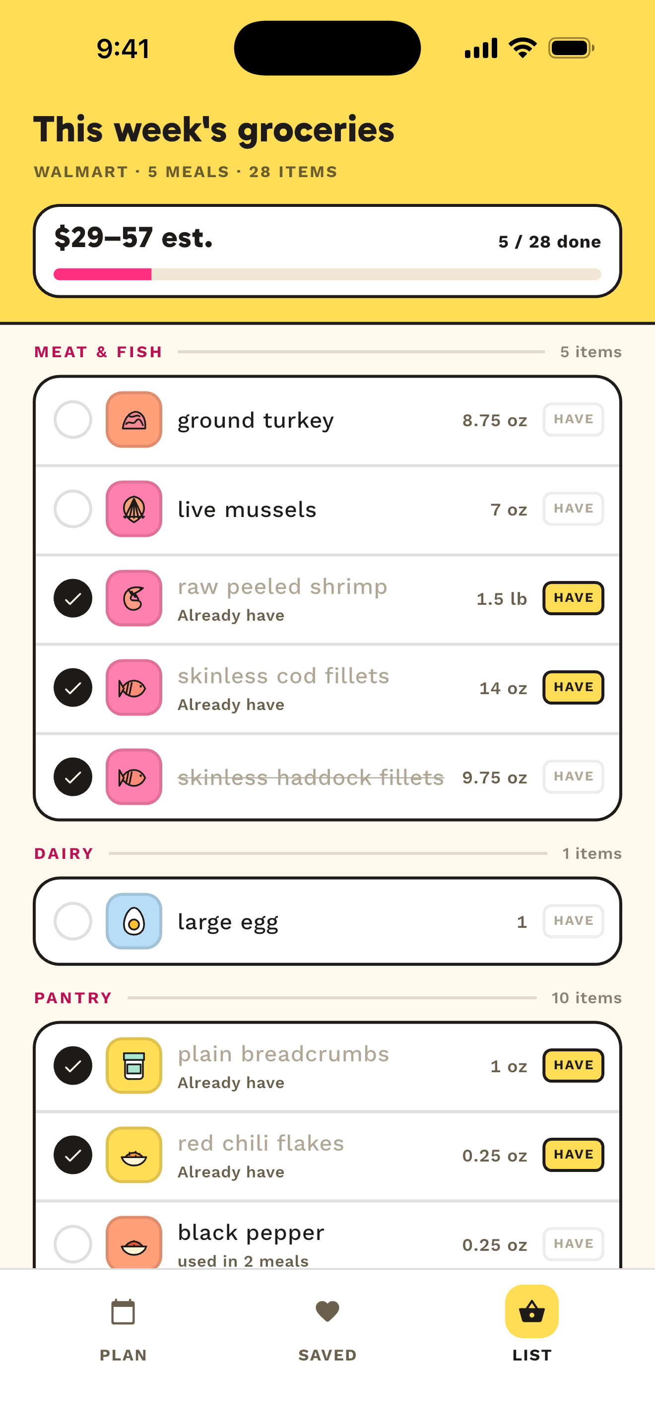 ChowWeek grocery list with estimated costs and checked-off ingredients.